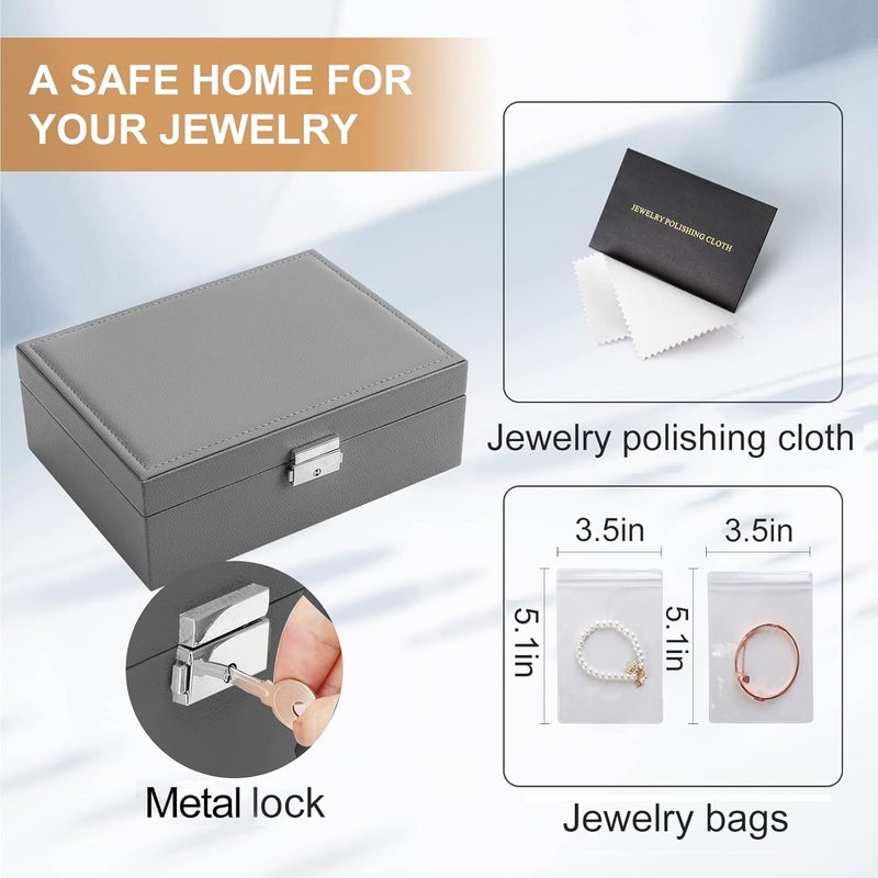 Sanikeon Jewelry Box for Women Girls 2 Layer Leather Travel Jewelry Organizer Storage Case with Lock and Removable Tray for Necklace Earrings Rings Bracelets Gift, Come with Polishing Cloth and Jewelry Bags - Image 5